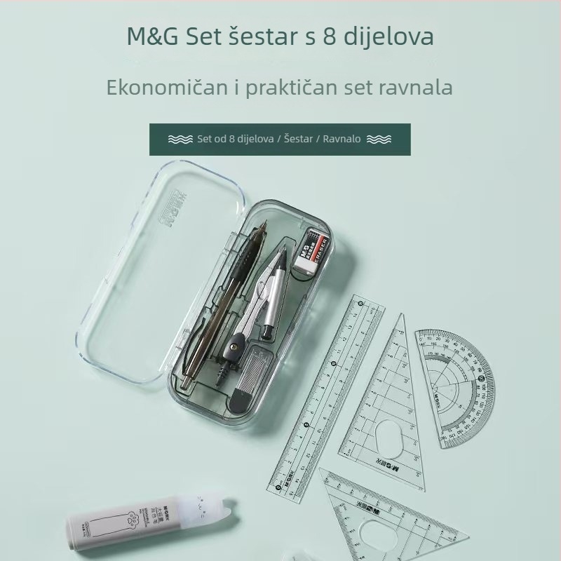 8-dijelni set uredskog materijala: kompas, set ravnala, trokut za ispite, ravnalo – Geometrijski alati 790806/90807