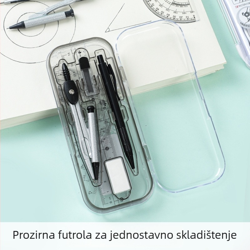 Osmeročlani set kompas i ravnalo: ravnalo, trokutno ravnalo i kutomjer za crtanje i mjerenje