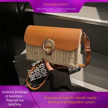 Ženska kvadratna pletena torba od trske, s remenom preko ramena, casual za plažu