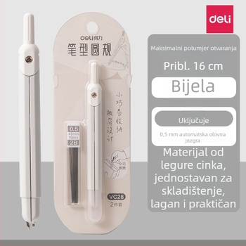 Deli VC28 kompas u stilu olovke, metalno tijelo, s grafitnim mehanizmom na pritiskanje, za crtanje i dizajn, za učenike od osnovne do srednje škole.