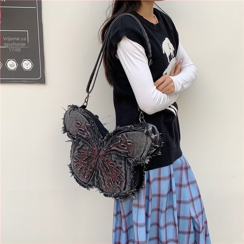 Ženska torba od denima s jedinstvenim dizajnom u obliku leptira, punk stil, preko ramena, crossbody i ruksak