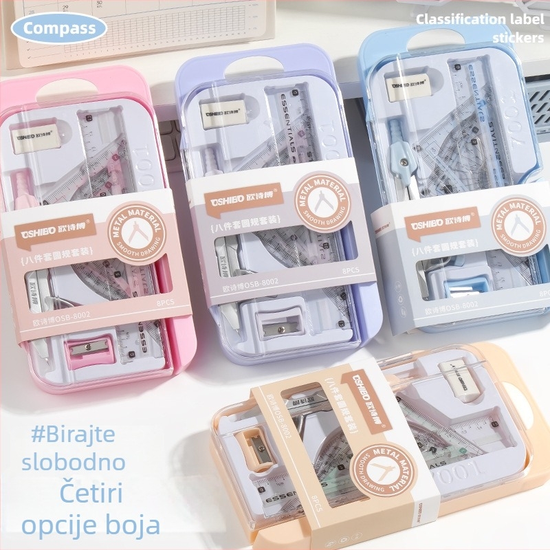 Geometrijski set za učenike s kompasom, ravnalom, trokutom, kutomjerom, gumom i mehaničkim olovkom