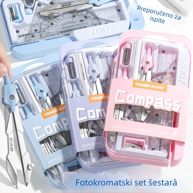Geometrijski set za učenike s kompasom, ravnalom, trokutom, kutomjerom, gumom i mehaničkim olovkom