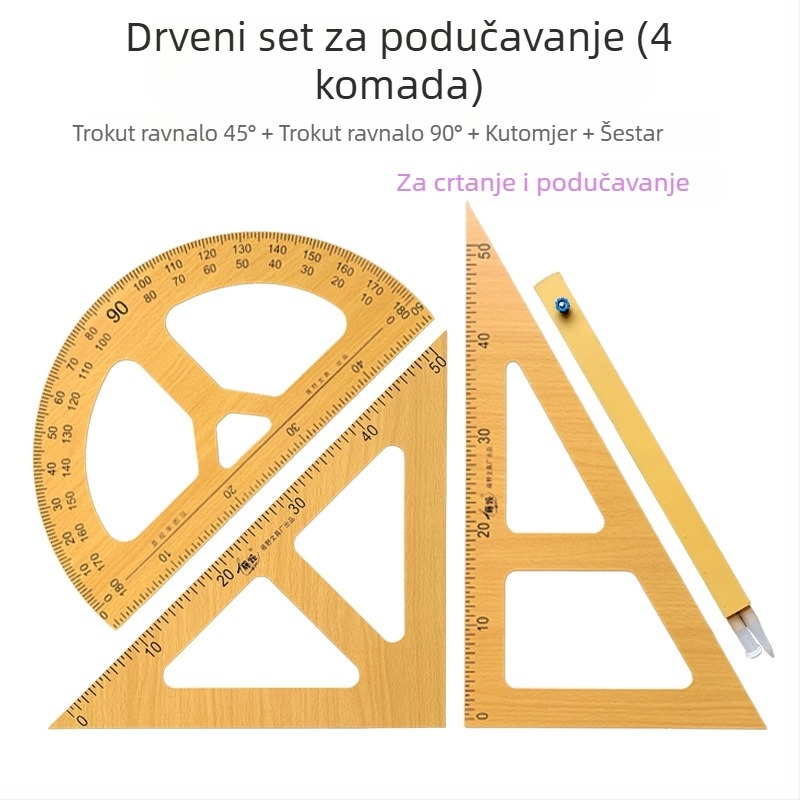 Drveni set nastavnih alata: trokutasti ravnalo, kutometar, kompas — 4-djelni set za nastavu
