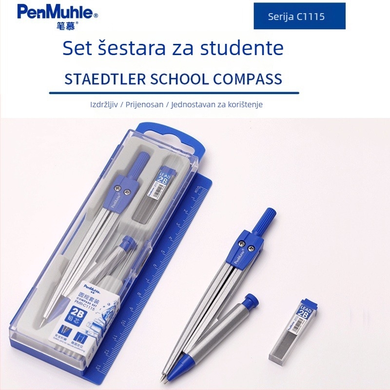 Penmu metalni set kompas i ravnalo za učenike s automatskom olovkom, trodijelni set