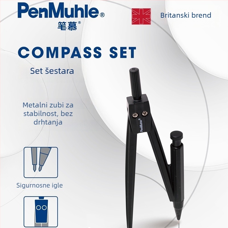Penmu metalni set kompas i ravnalo za učenike s automatskom olovkom, trodijelni set