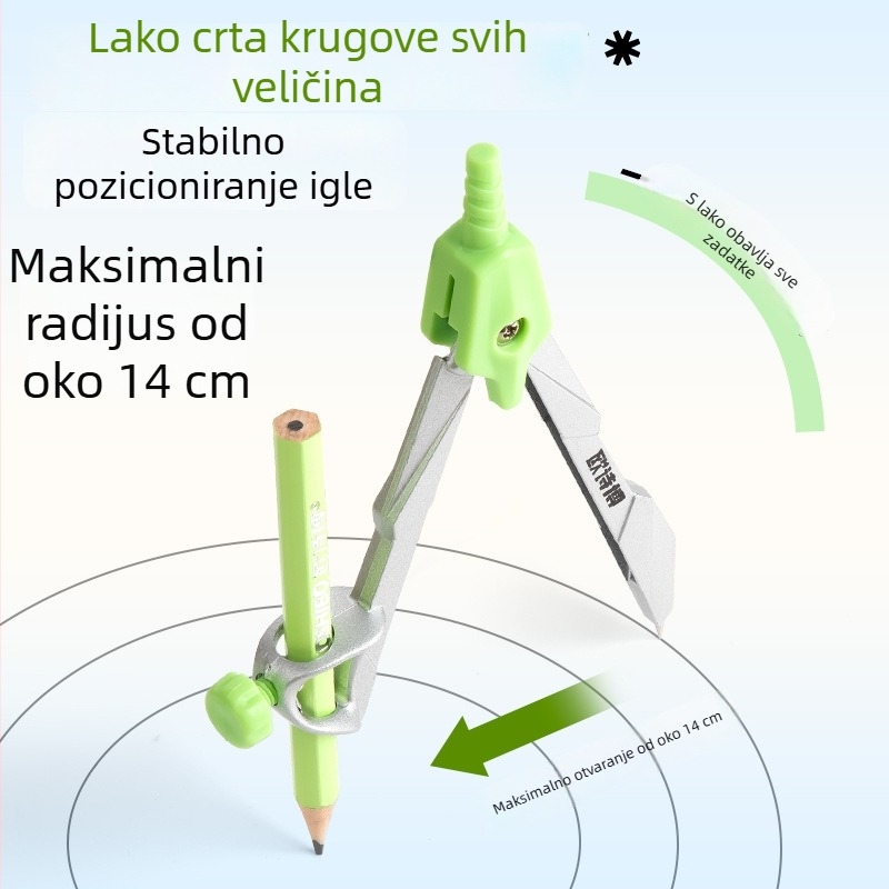 Novi set u metalnoj kutiji za crtanje: ravnalo, kružilo, kutnik, prozirno ravnalo i gumica