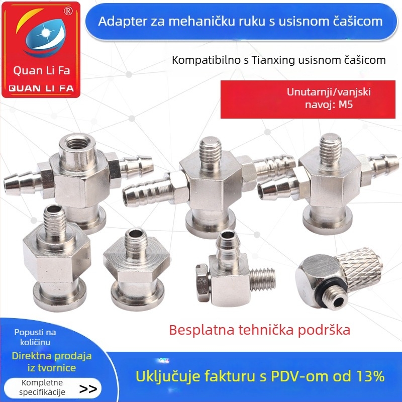 Pribor za robotsku ruku: vakuumska usisna glava velika i mala, M5 navojni adapter, željezni T spoj i kutni spoj, pneumatski brzi spoj