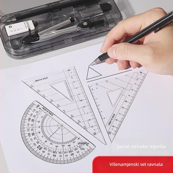 Kejia set kompasa i pribora za crtanje, 8 dijelova, za učenike i ispite, uključuje kompasa, pravokutnu ravnalu, trokute 30°-60°, 45°-45°, 180° kutomjer, automatsko olovko za kompasa, grafitne patrone 0,5 mm, mehanički olovak i gumica