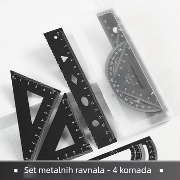 Morandi set metalnih ravnala: trokutasto ravnalo, kružilo i kutomjer za učenike