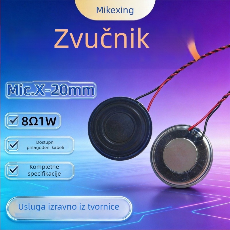 Kompaktni 20 mm zvučnik s unutarnjim magnetskim sklopom, 8 Ω, 1–2 W, s terminalnim vodičima, za sigurnosne nadzore i glasovne obavijesti, bass