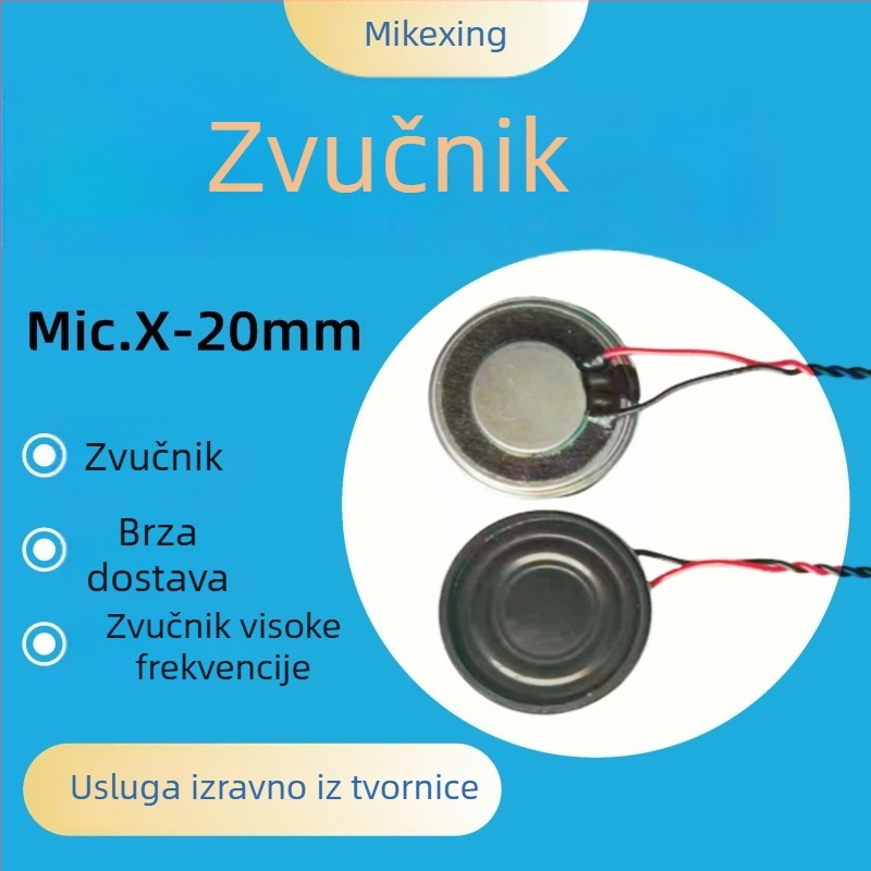 Kompaktni 20 mm zvučnik s unutarnjim magnetskim sklopom, 8 Ω, 1–2 W, s terminalnim vodičima, za sigurnosne nadzore i glasovne obavijesti, bass