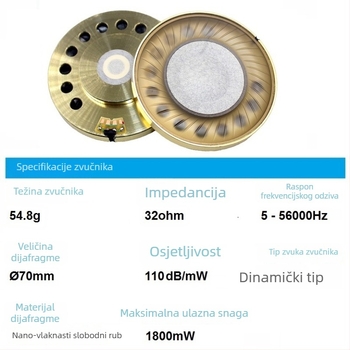 32 Ω dvostruki magnetni 70 mm driver s kompozitnom bio-diafragmom za Hi‑Fi slušalice s pomičnom zavojnicom