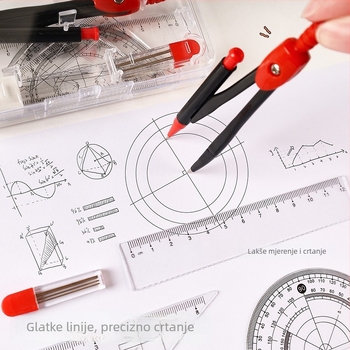 Metalni geometrijski set za učenike: kompas, ravnalo i trokut, sedmeročlani set
