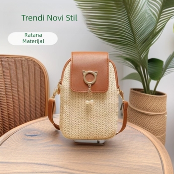 Trendovita torbica za telefon od slame s perlama i kićankom, s preklopom, mala ženska crossbody torba