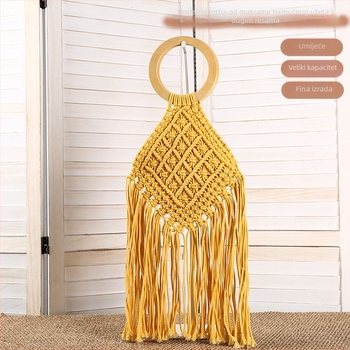 Boho crochet crossbody torba s drvenim prstenom i pamukovim koncem, ručno pletena