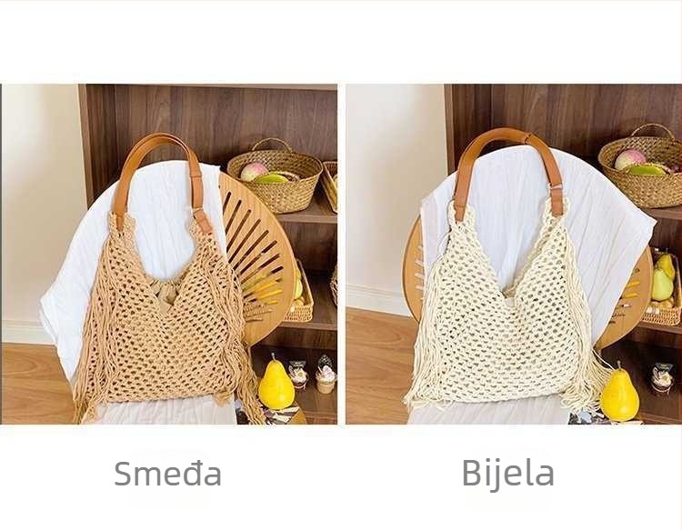 Ženska tote torba, ručno pletena, plažna torba s retro resicama, prorezan dizajn, svakodnevna torba za nošenje preko ramena