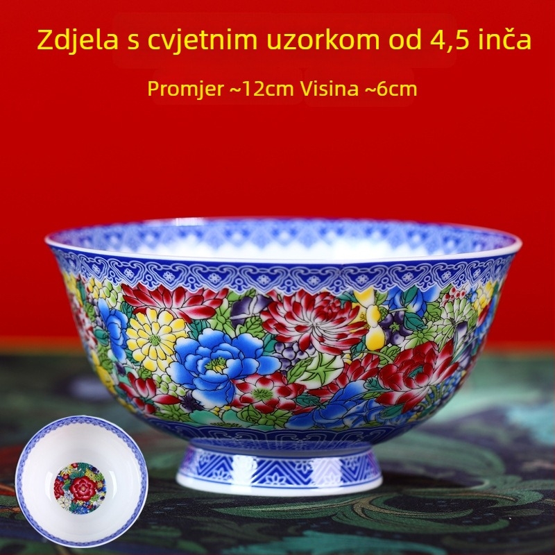 Set zdjela od kostnog porculana s emajliranim premazom, visokim nogama, otporan na opekline, kružni oblik, cvjetni uzorak, tradicionalni kineski stil, promjer 12–12,9 cm
