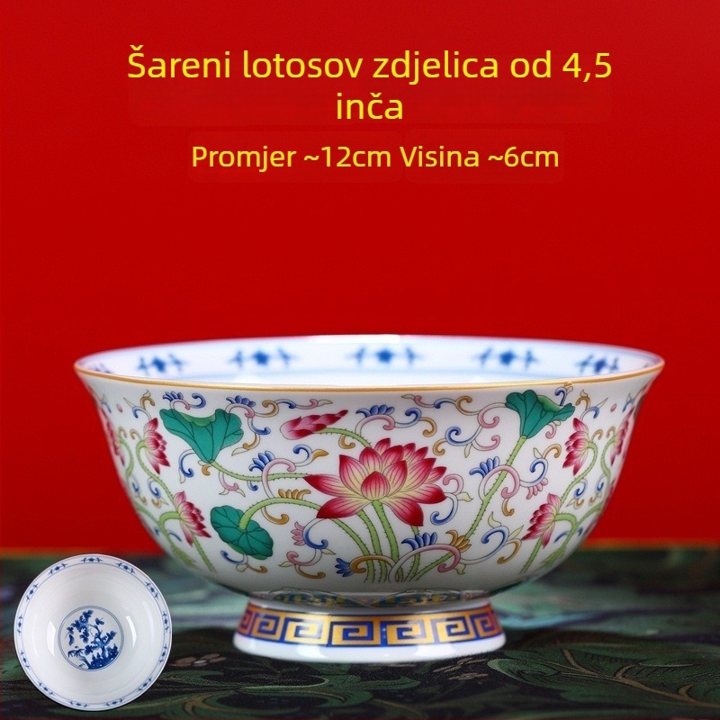 Set zdjela od kostnog porculana s emajliranim premazom, visokim nogama, otporan na opekline, kružni oblik, cvjetni uzorak, tradicionalni kineski stil, promjer 12–12,9 cm