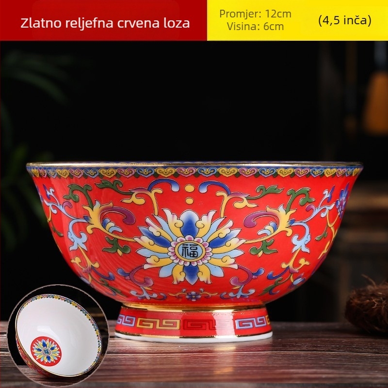 Set zdjela od kostnog porculana s emajliranim premazom, visokim nogama, otporan na opekline, kružni oblik, cvjetni uzorak, tradicionalni kineski stil, promjer 12–12,9 cm