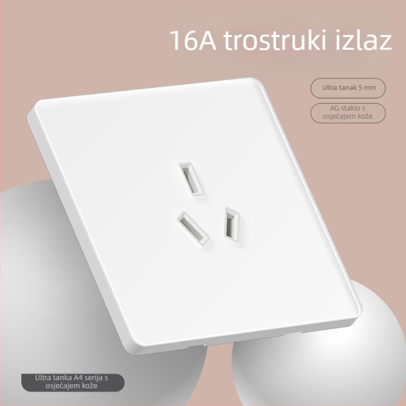 86-typ ultra-tanki ogledni panel od kaljenog stakla za zidnu instalaciju — 1-gang, 5 otvora, 16A 3-položna utičnica