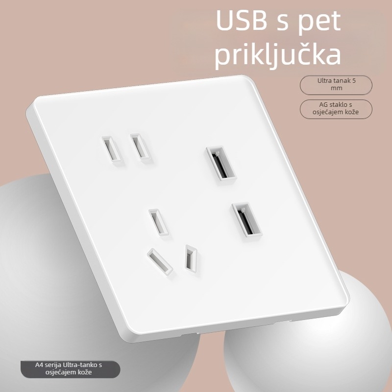 86-typ ultra-tanki ogledni panel od kaljenog stakla za zidnu instalaciju — 1-gang, 5 otvora, 16A 3-položna utičnica