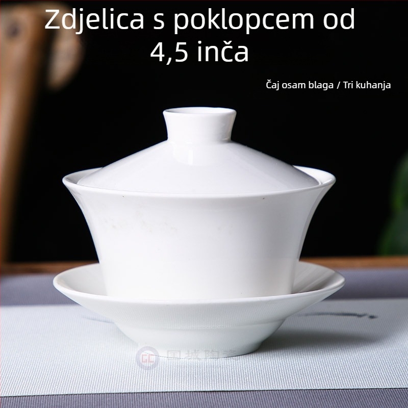 Set od tri bijele keramičke čajne zdjele s poklopcem, sancai glazura, mogućnost otiska logotipa