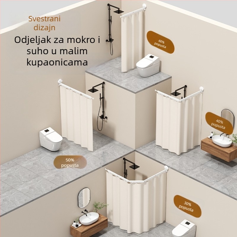 Tuš zavjesa s usisnim čašicama, sklopiva šipka bez bušenja, nevidljiva pregradna zavjesa za kupaonicu, teleskopski sušač za odvajanje suho i mokro