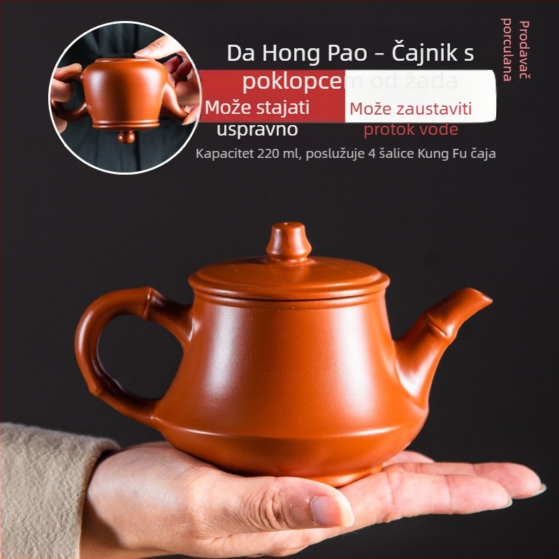 Yixing čajnik od ljubičaste pjeskovite glinene s jadenom drškom i jadenim poklopcem, crvena glazura, 220 ml, Kung Fu set čaja