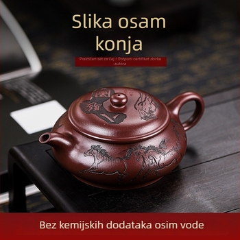 Yixing ručno izrađen čajnik od ljubičaste pijesčne glinene, s kompletnim certifikatima; starija ljubičasta glina; motiv osam konja; jednostavno patiniranje; glatko izljevanje