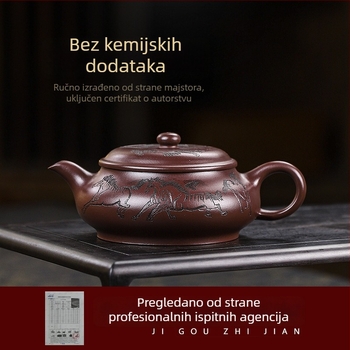 Yixing ručno izrađen čajnik od ljubičaste pijesčne glinene, s kompletnim certifikatima; starija ljubičasta glina; motiv osam konja; jednostavno patiniranje; glatko izljevanje