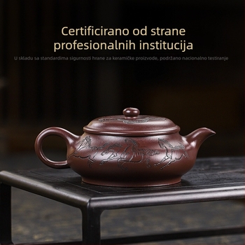 Yixing ručno izrađen čajnik od ljubičaste pijesčne glinene, s kompletnim certifikatima; starija ljubičasta glina; motiv osam konja; jednostavno patiniranje; glatko izljevanje