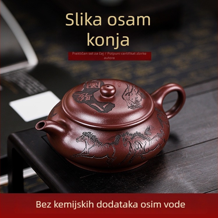 Yixing ručno izrađen čajnik od ljubičaste pijesčne glinene, s kompletnim certifikatima; starija ljubičasta glina; motiv osam konja; jednostavno patiniranje; glatko izljevanje