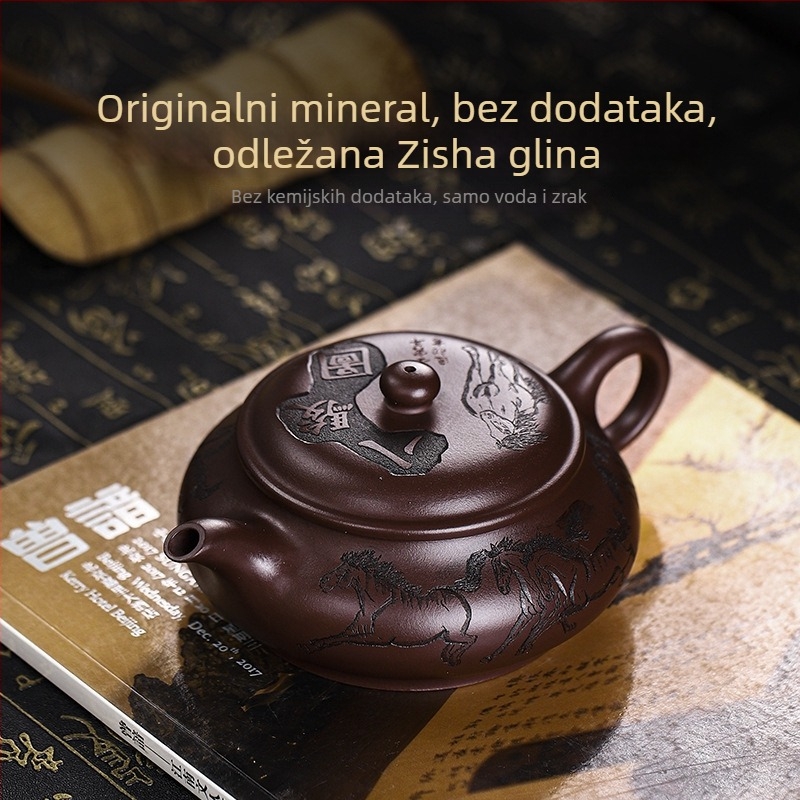 Yixing ručno izrađen čajnik od ljubičaste pijesčne glinene, s kompletnim certifikatima; starija ljubičasta glina; motiv osam konja; jednostavno patiniranje; glatko izljevanje