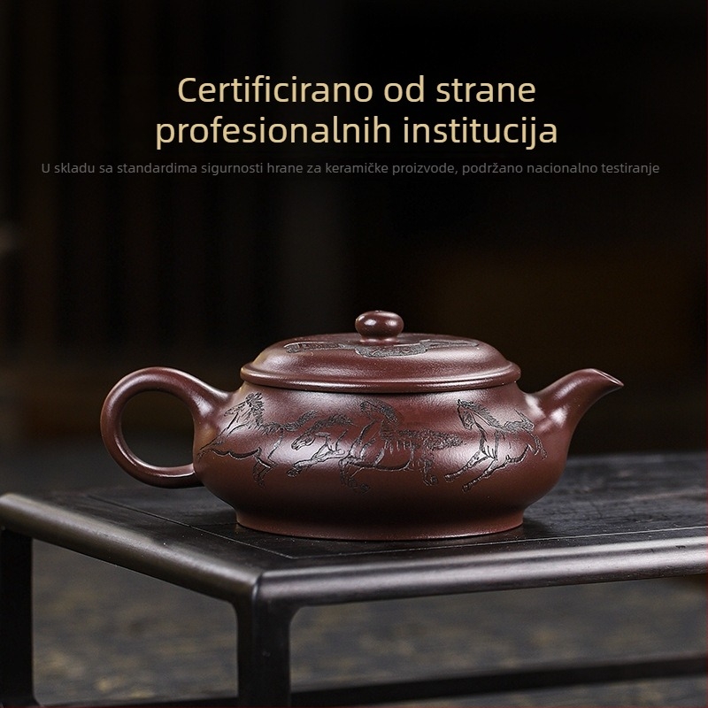Yixing ručno izrađen čajnik od ljubičaste pijesčne glinene, s kompletnim certifikatima; starija ljubičasta glina; motiv osam konja; jednostavno patiniranje; glatko izljevanje