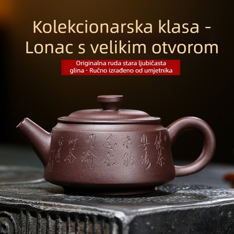 Ručno izrađen čajnik od ljubičaste gline, s širokim otvorom, modernim minimalističkim dizajnom, u darovnoj kutiji