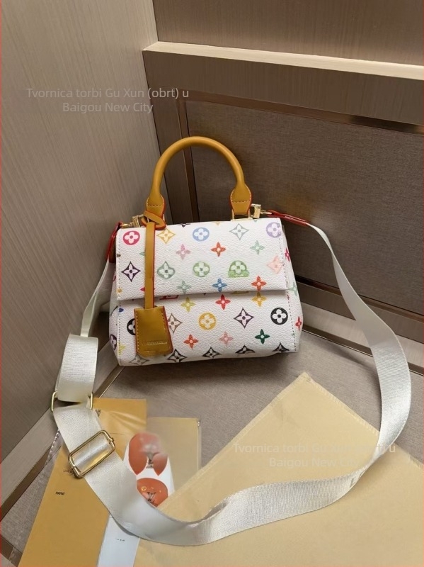 Ženska torbica Boston s oblikom jastuka, trobojna bijela, preko ramena i crossbody, PU materijal, srednja veličina, retro otisak, jesen 2025.
