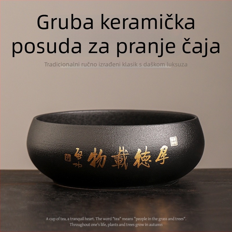 Veliki crni keramički čajni umivač s posudom za čajne ostatke – Zen stil dodatak čajnom setu