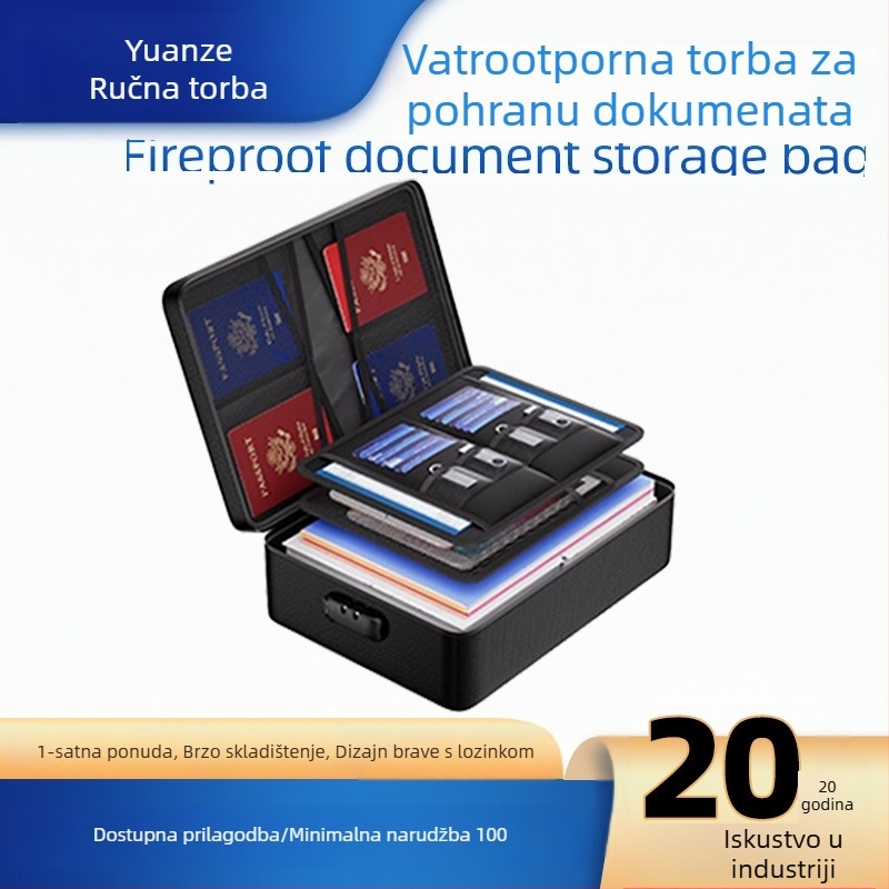 Putna torba za dokumente, vodootporna i vatrootporna, s velikim kapacitetom i pregradama, crna