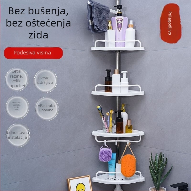 Kutna polica za kupaonicu, slobodno stojeći nosač, bez bušenja, 5 polica