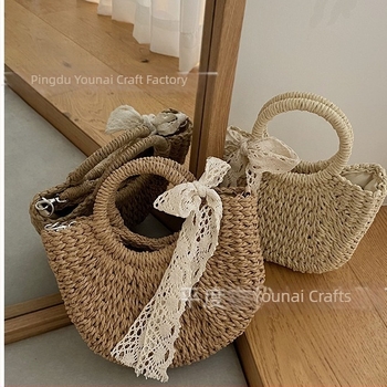 Korejski stil ručno pletena slamnat torbica s čipkastom mašnicom, crossbody, za ljeto i plažu