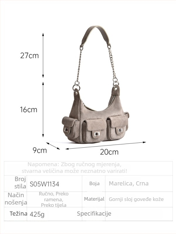 Torba ispod pazuha u Chanel stilu s prešivanjem kvadrata, luksuzna izrada, korejska verzija, koža prvog sloja, ženska torba na ramenu s više džepova