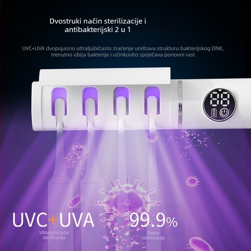 Pametni UV sterilizator za četkice za zube, punjivi, zidni bez bušenja, 4 utora za četkice, sušenje na zraku