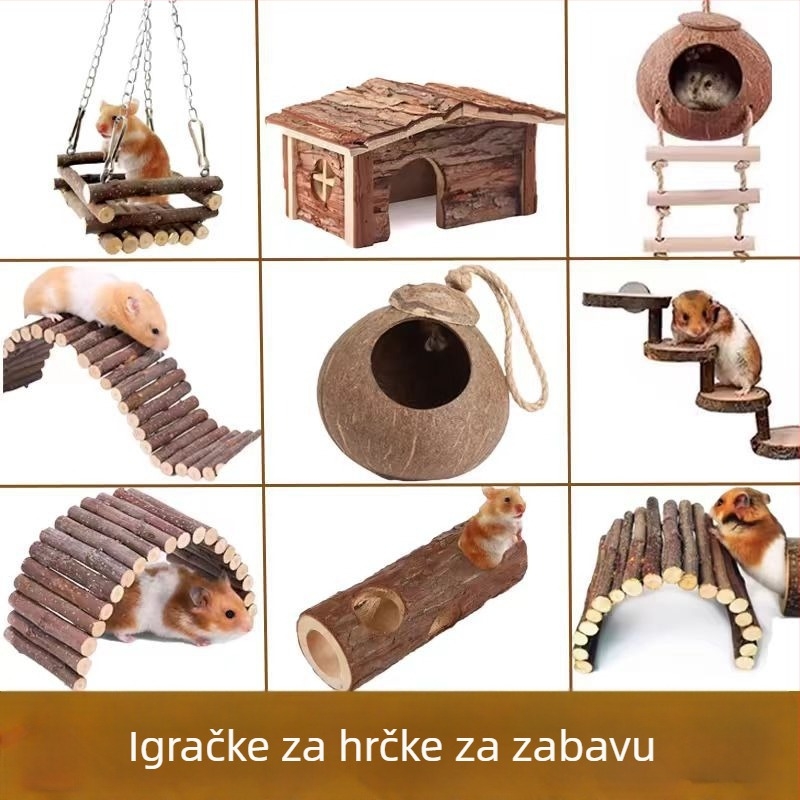 Set dodataka za hamstera: tunel od jabukovog drveta, skrovište, ljuljačka, hamaka, ljestvica i ograda za dekoriranje staništa