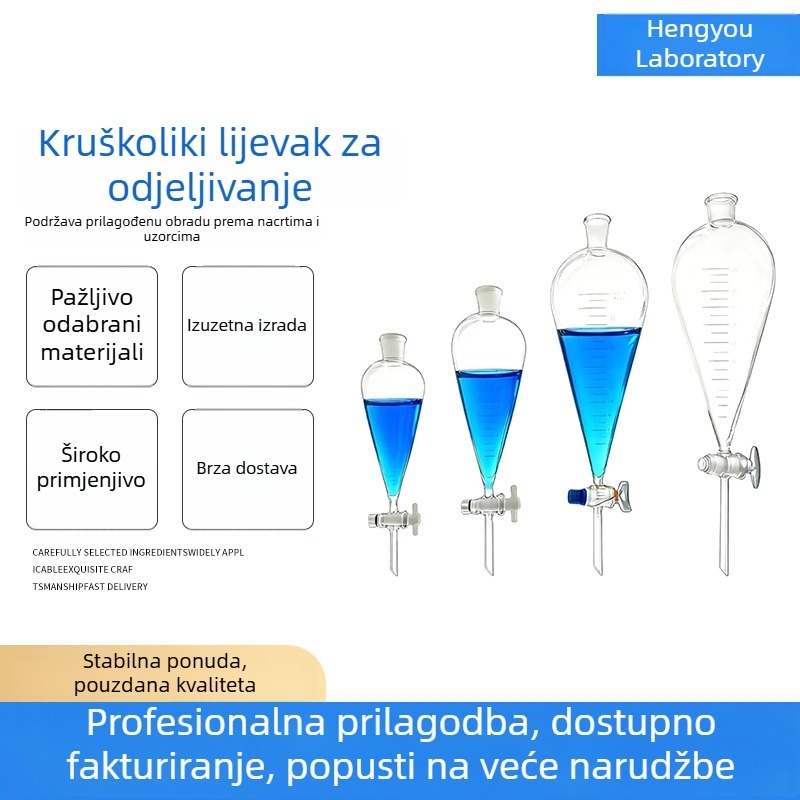 Lijevak za odvajanje u obliku kruške, debelo staklo, PTFE stakleni piston, laboratorijski sfero-konični lijevak za dodavanje kapljica tekućine uz mjernu skalu