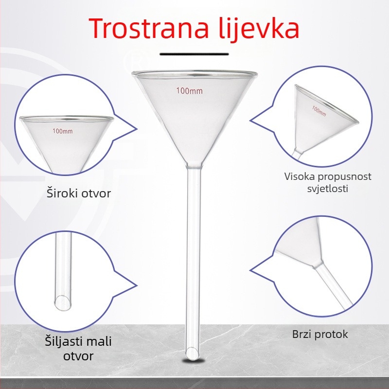 Lijevak od borosilikatnog stakla, dugi i kratki vrat, trokutasti laboratorijski konični lijevak, zadebljani dizajn
