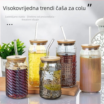 Staklena čaša s poklopcem – sa slamkom, za sok, za gazirana pića, prijenosna čaša za kavu, univerzalna čaša