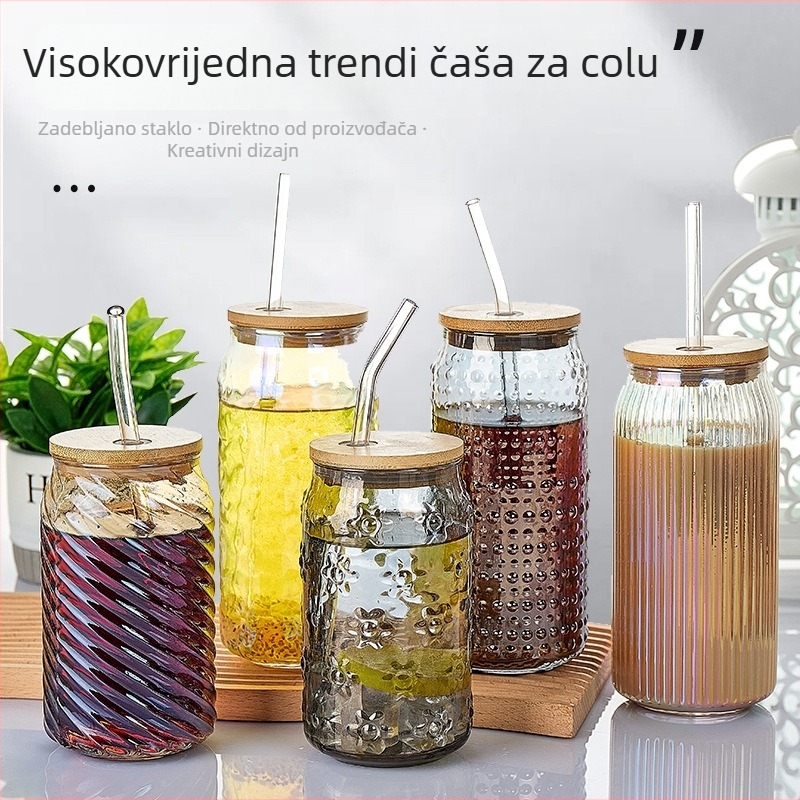 Staklena čaša s poklopcem – sa slamkom, za sok, za gazirana pića, prijenosna čaša za kavu, univerzalna čaša