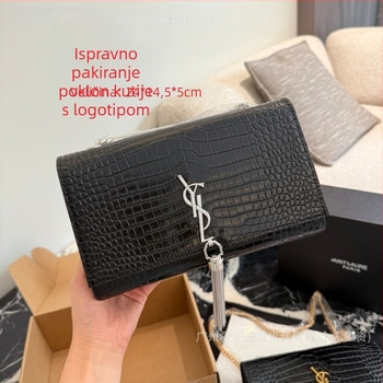 Mala kvadratna torbica od prave kože s jednim naramenicom, krokodilski uzorak, resica, dizajn u stilu envelope, crossbody