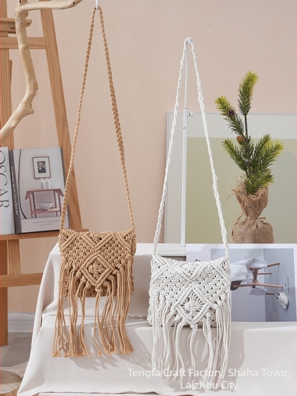 Ženska crossbody torbica, casual, pletena od pamukovog konca, s resicama, plažni stil, inspirirano Korejom